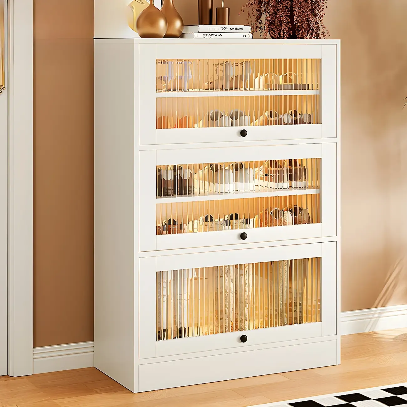 Hallway White Wood Shoe Cabinet with Glass Doors Image - 3
