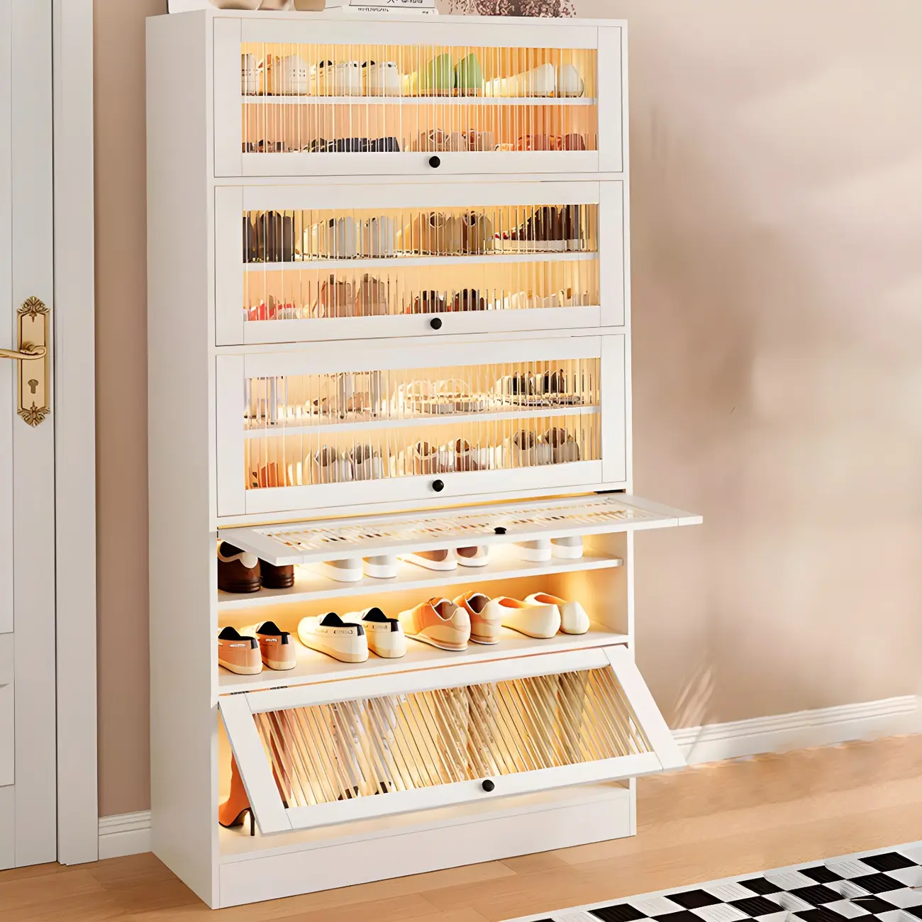 Hallway White Wood Shoe Cabinet with Glass Doors Image - 4 | homeyfad