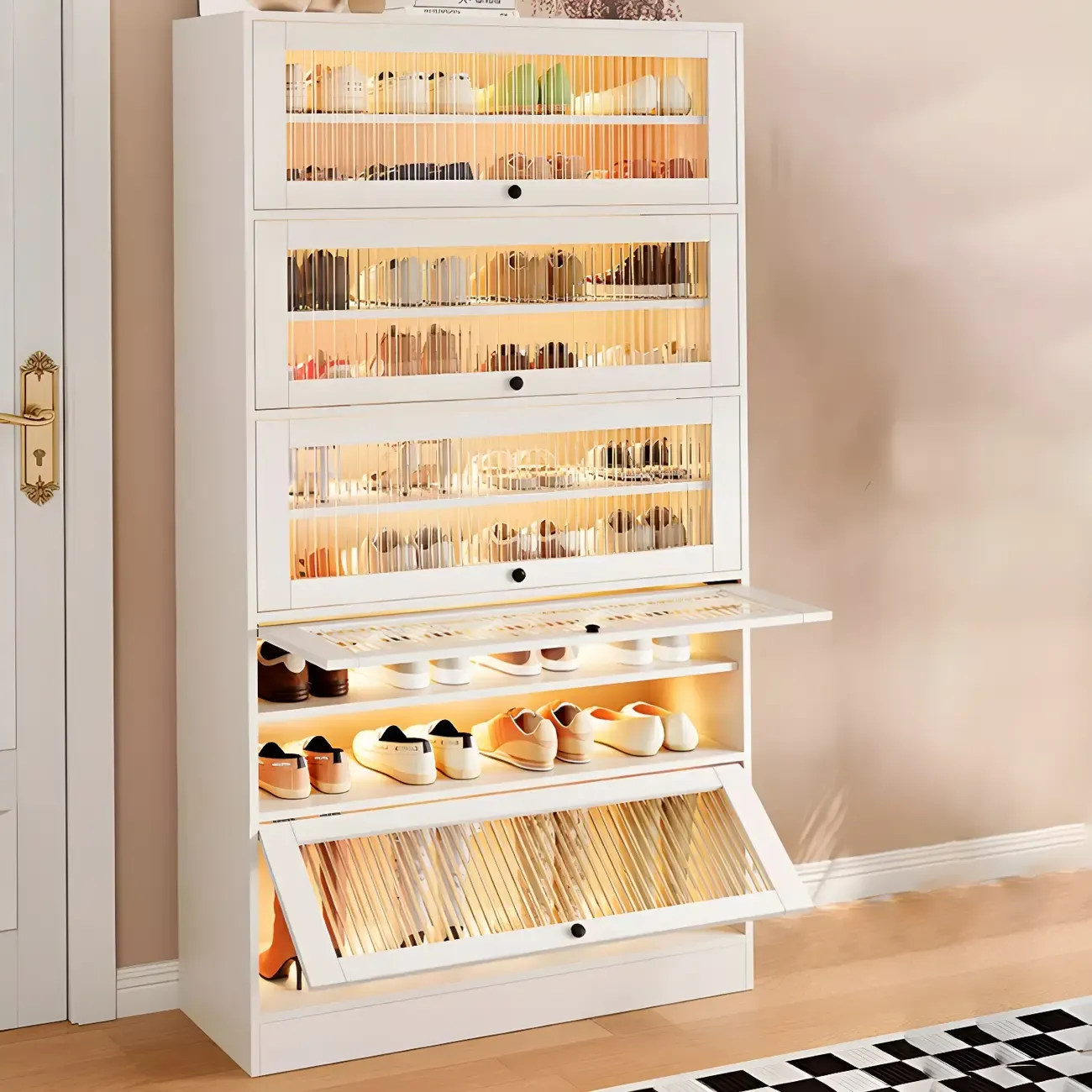 Hallway White Wood Shoe Cabinet with Glass Doors Image - 4