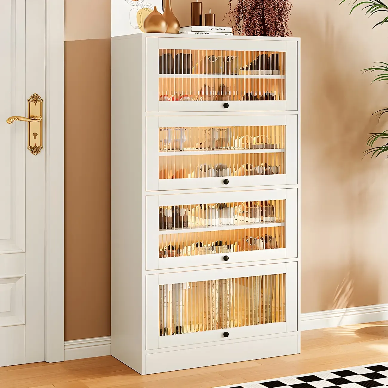 Hallway White Wood Shoe Cabinet with Glass Doors Image - 5