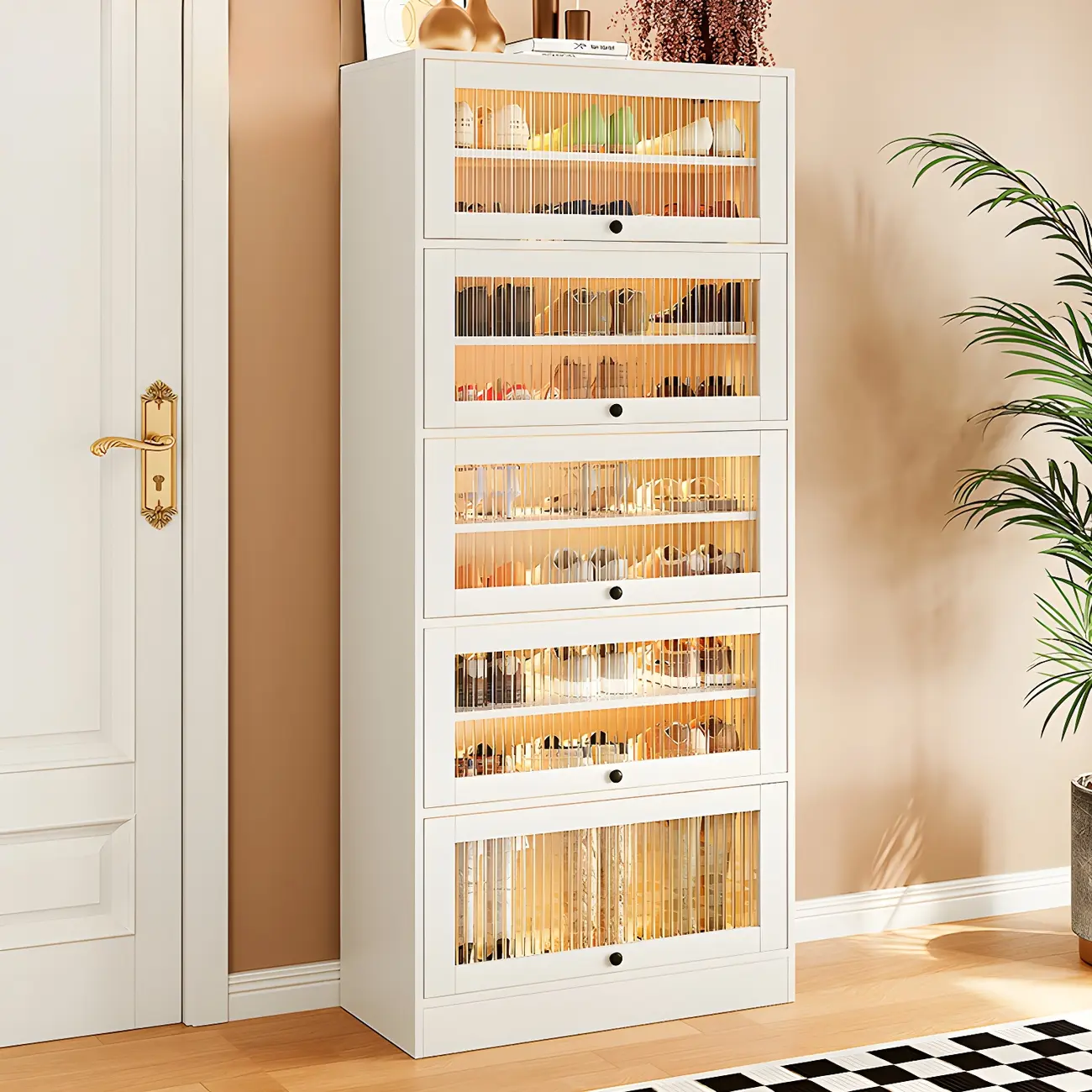 Hallway White Wood Shoe Cabinet with Glass Doors Image - 7 | homeyfad