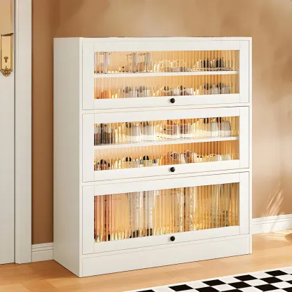 Hallway White Wood Shoe Cabinet with Glass Doors Image - 9