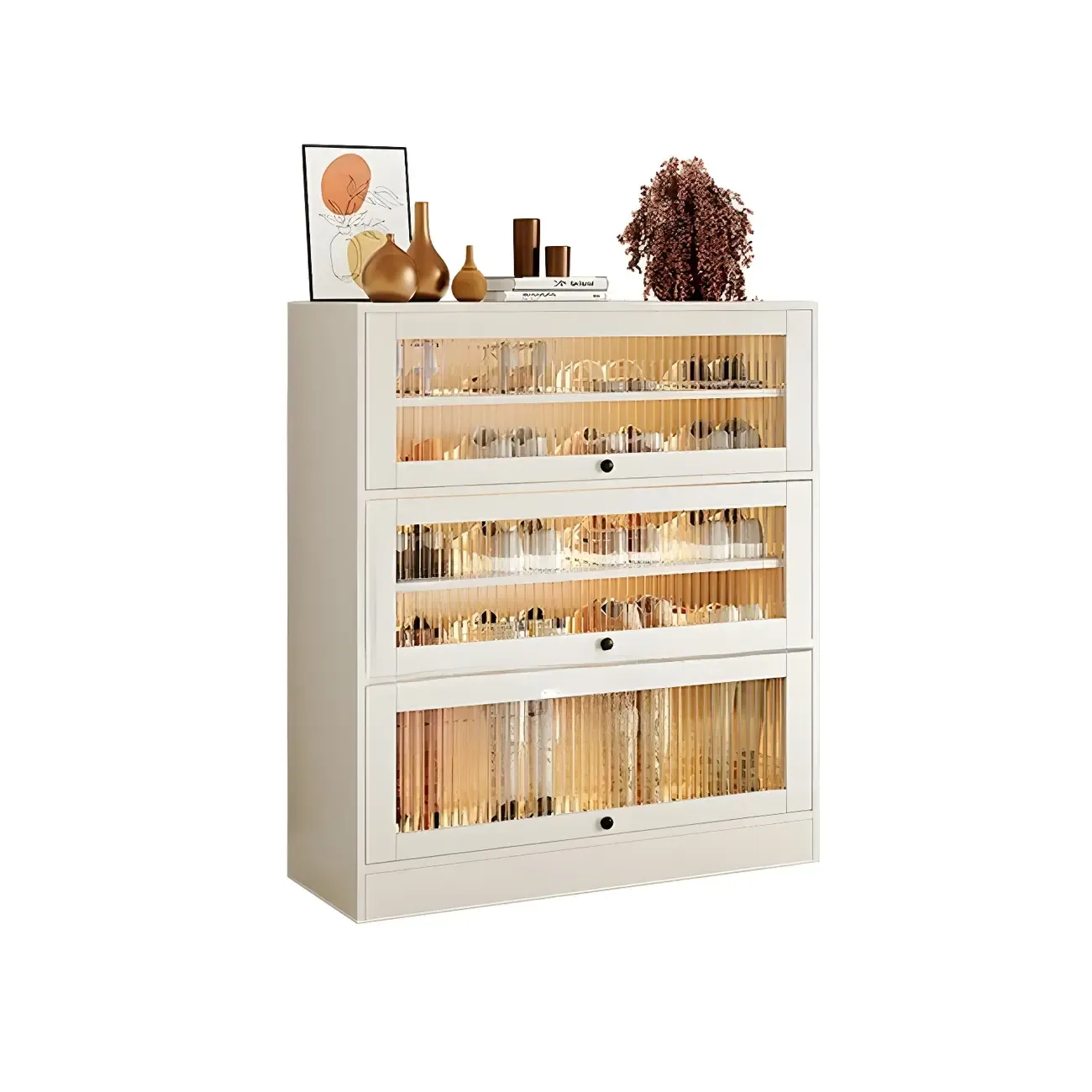 Hallway White Wood Shoe Cabinet with Glass Doors Image - 10