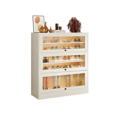 Hallway White Wood Shoe Cabinet with Glass Doors Image - 10