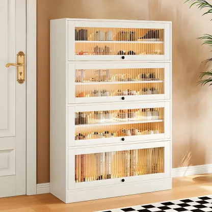 Hallway White Wood Shoe Cabinet with Glass Doors Image - 11