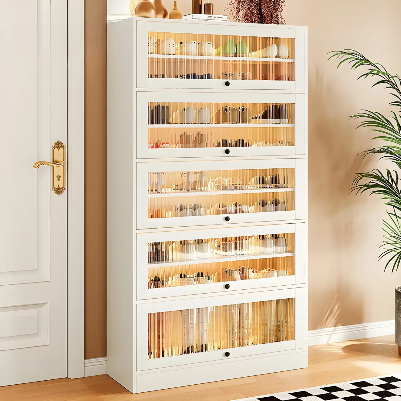 Hallway White Wood Shoe Cabinet with Glass Doors Image - 13