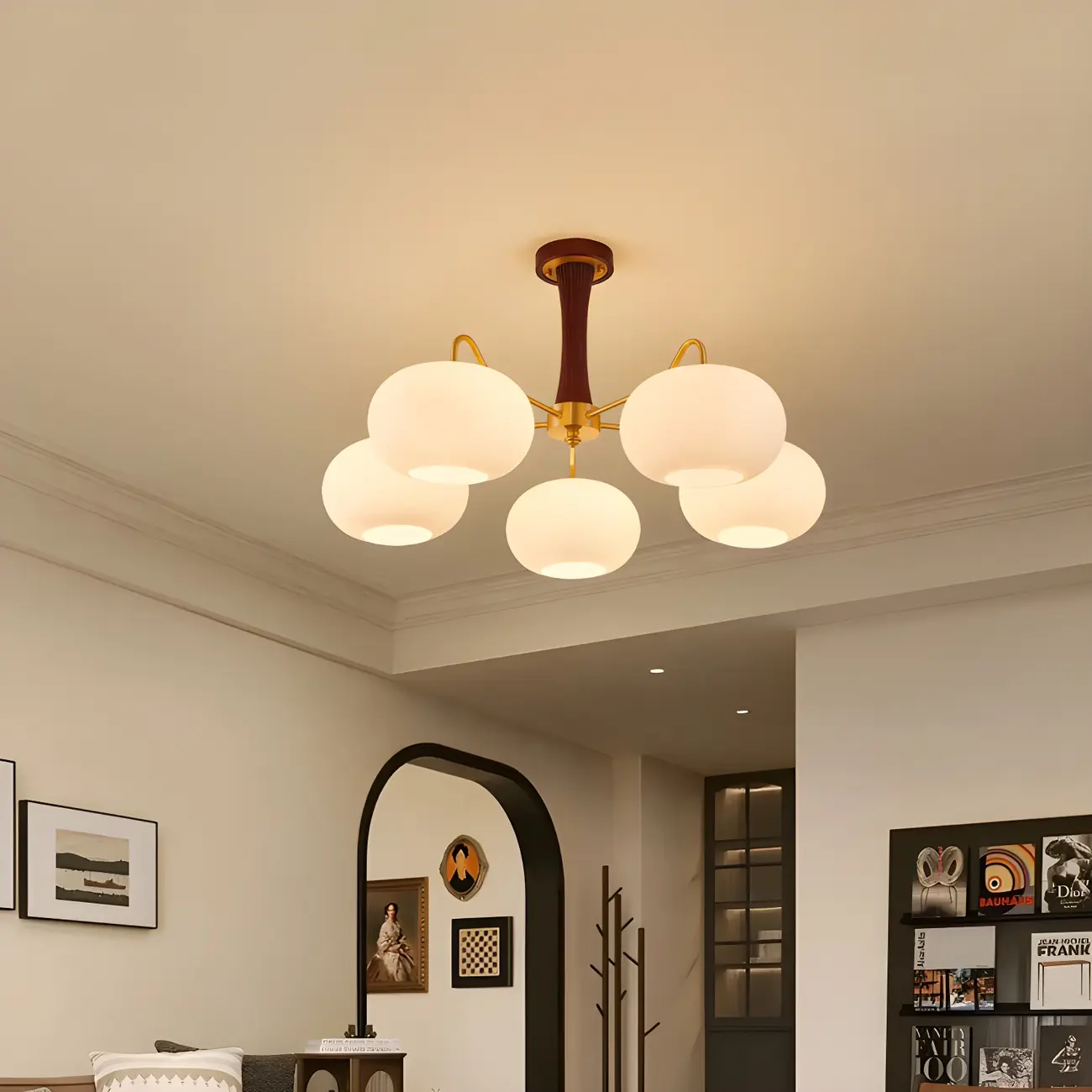 Classic Large Glass Drum Walnut Wood Semi Flush Ceiling Light Image - 1 | homeyfad