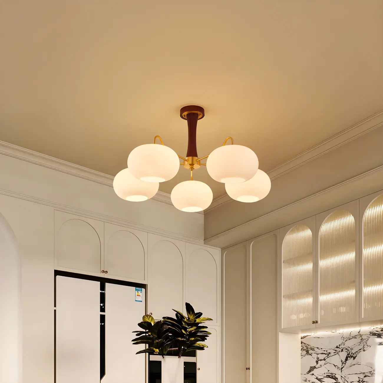 Wooden Semi Flush Mount Light White Glass Drum Shade | homeyfad