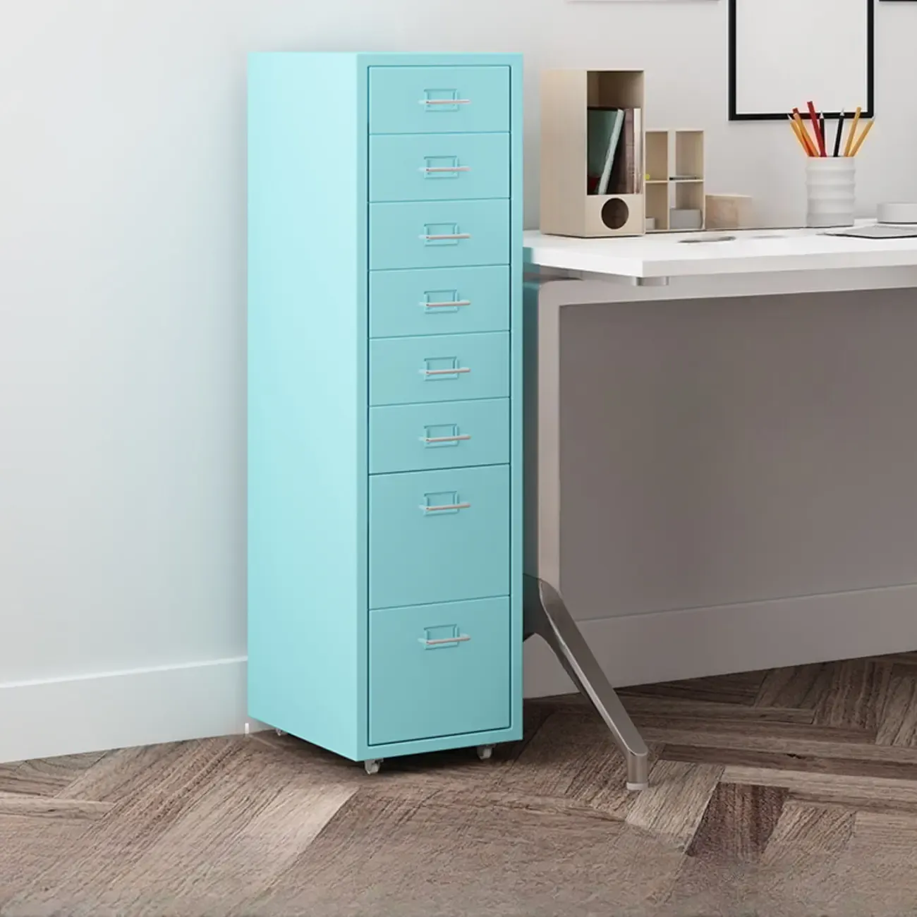 Nordic Vertical Metal Filing Cabinet with Casters for Home Office Image - 10