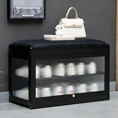 Entryway Black Bamboo Shoe Storage Bench with Glass Doors Image - 1