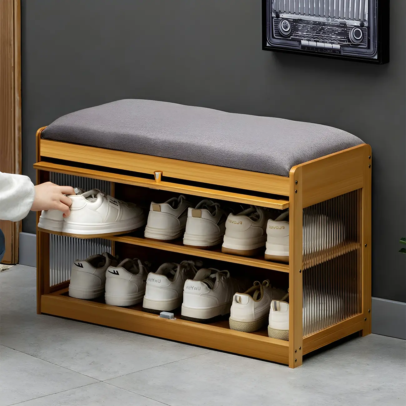 Entryway Black Bamboo Shoe Storage Bench with Glass Doors Image - 3 | homeyfad