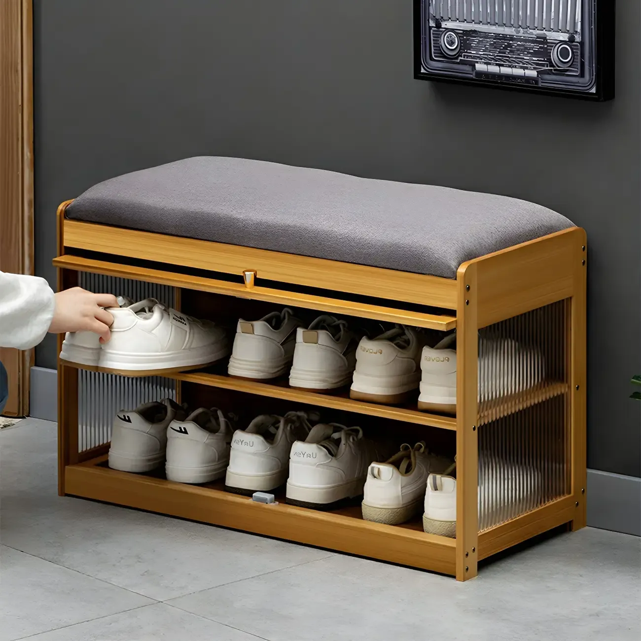 Entryway Black Bamboo Shoe Storage Bench with Glass Doors Image - 3