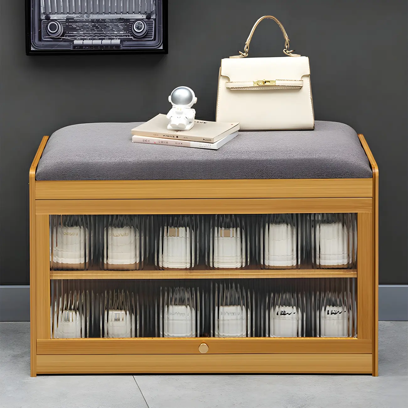 Entryway Black Bamboo Shoe Storage Bench with Glass Doors Image - 2 | homeyfad