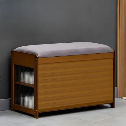 Entryway Black Bamboo Shoe Storage Bench with Glass Doors Image - 4