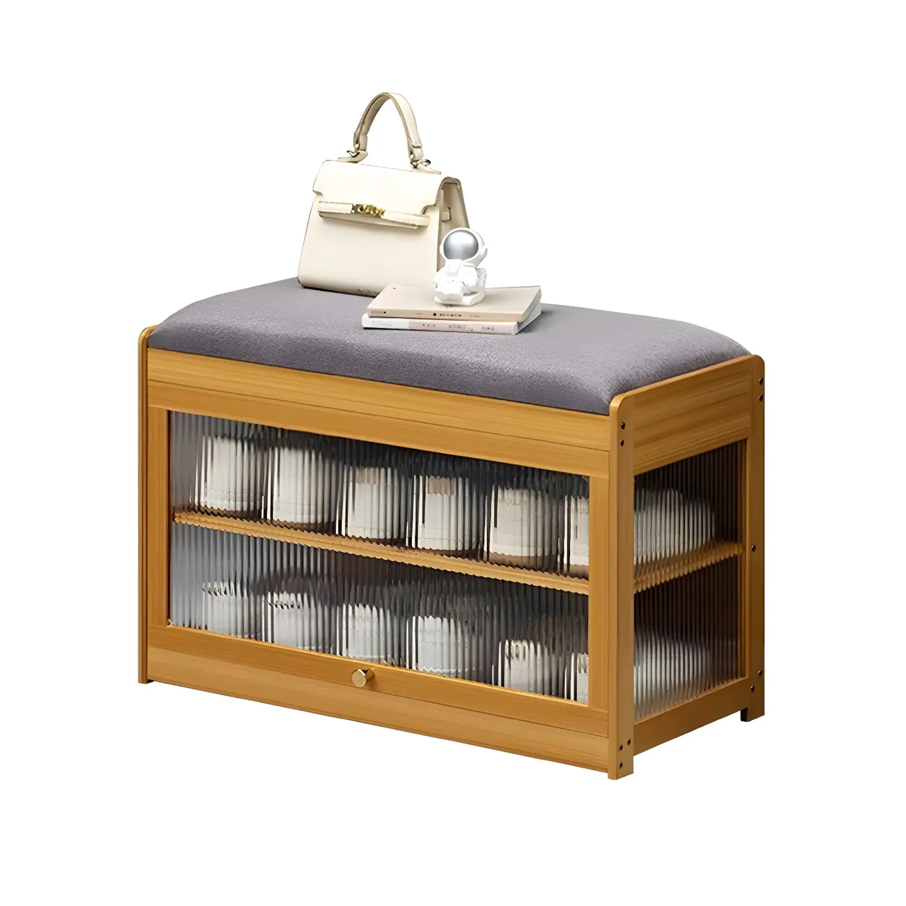 Entryway Black Bamboo Shoe Storage Bench with Glass Doors Image - 5 | homeyfad