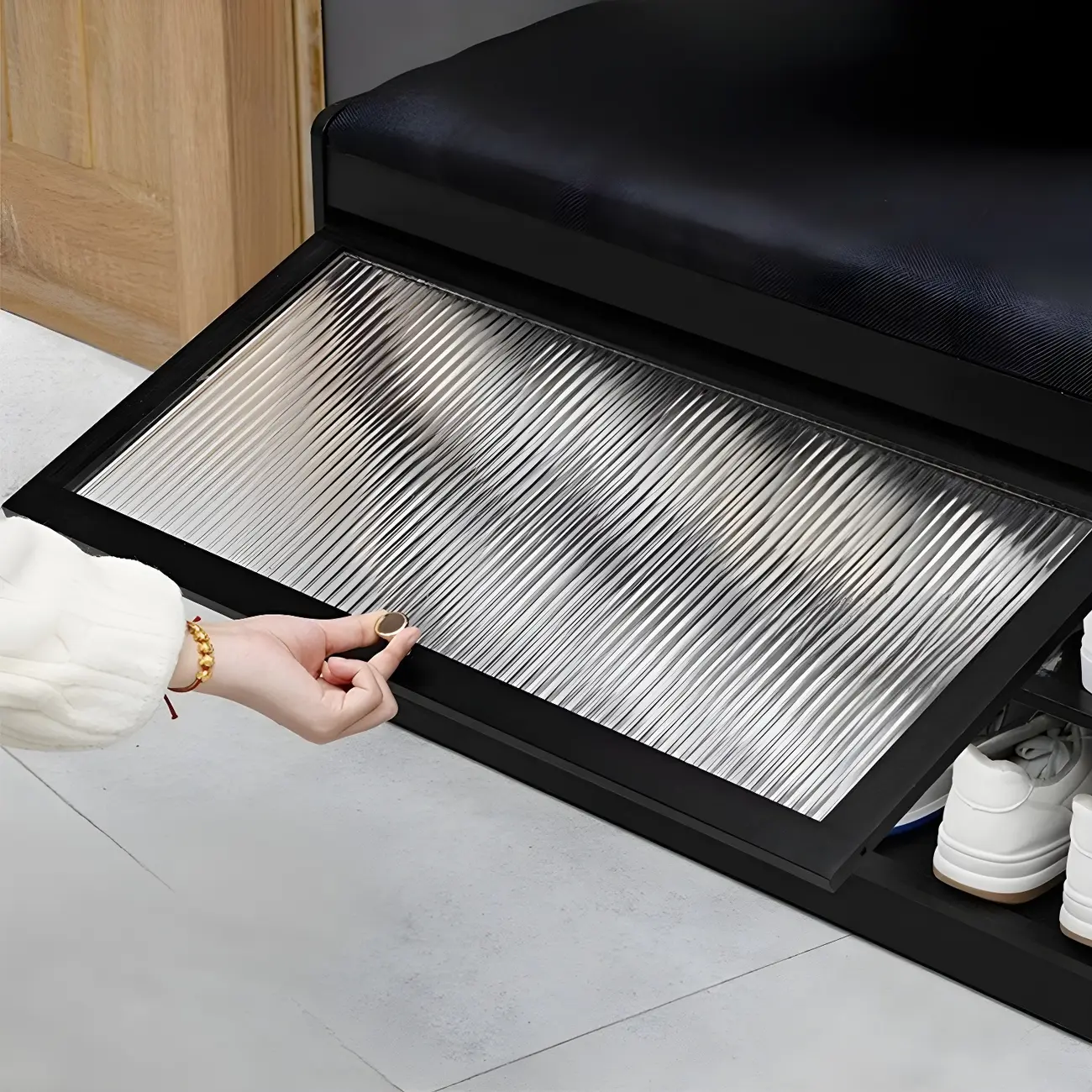 Entryway Black Bamboo Shoe Storage Bench with Glass Doors Image - 6 | homeyfad