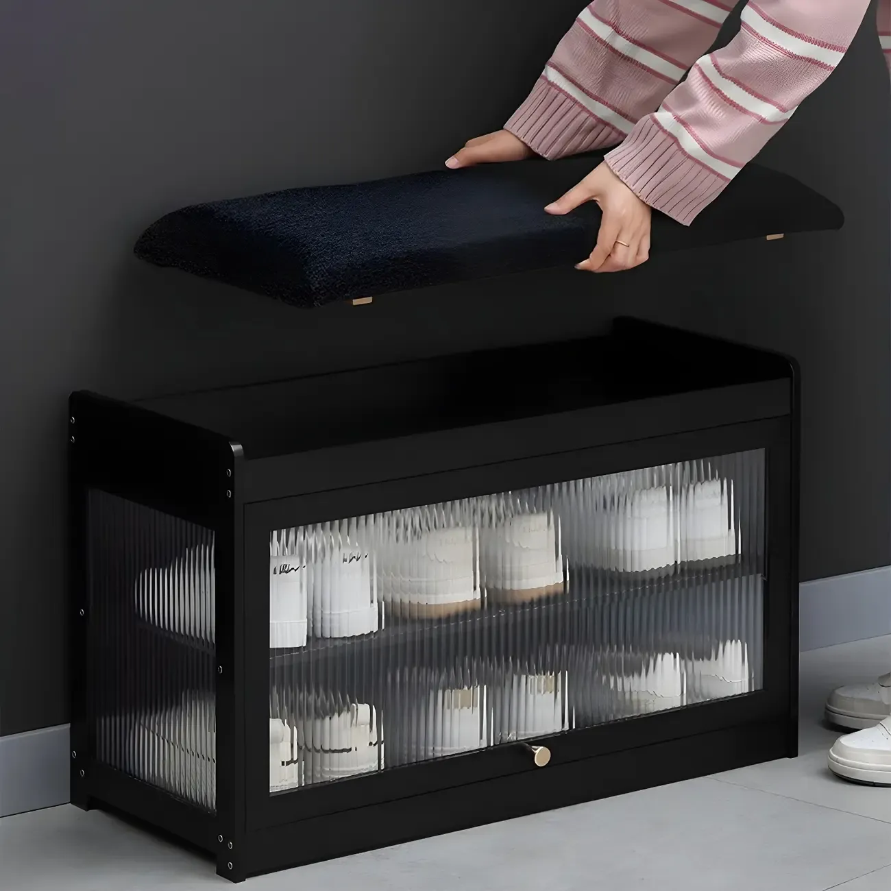 Entryway Black Bamboo Shoe Storage Bench with Glass Doors Image - 7