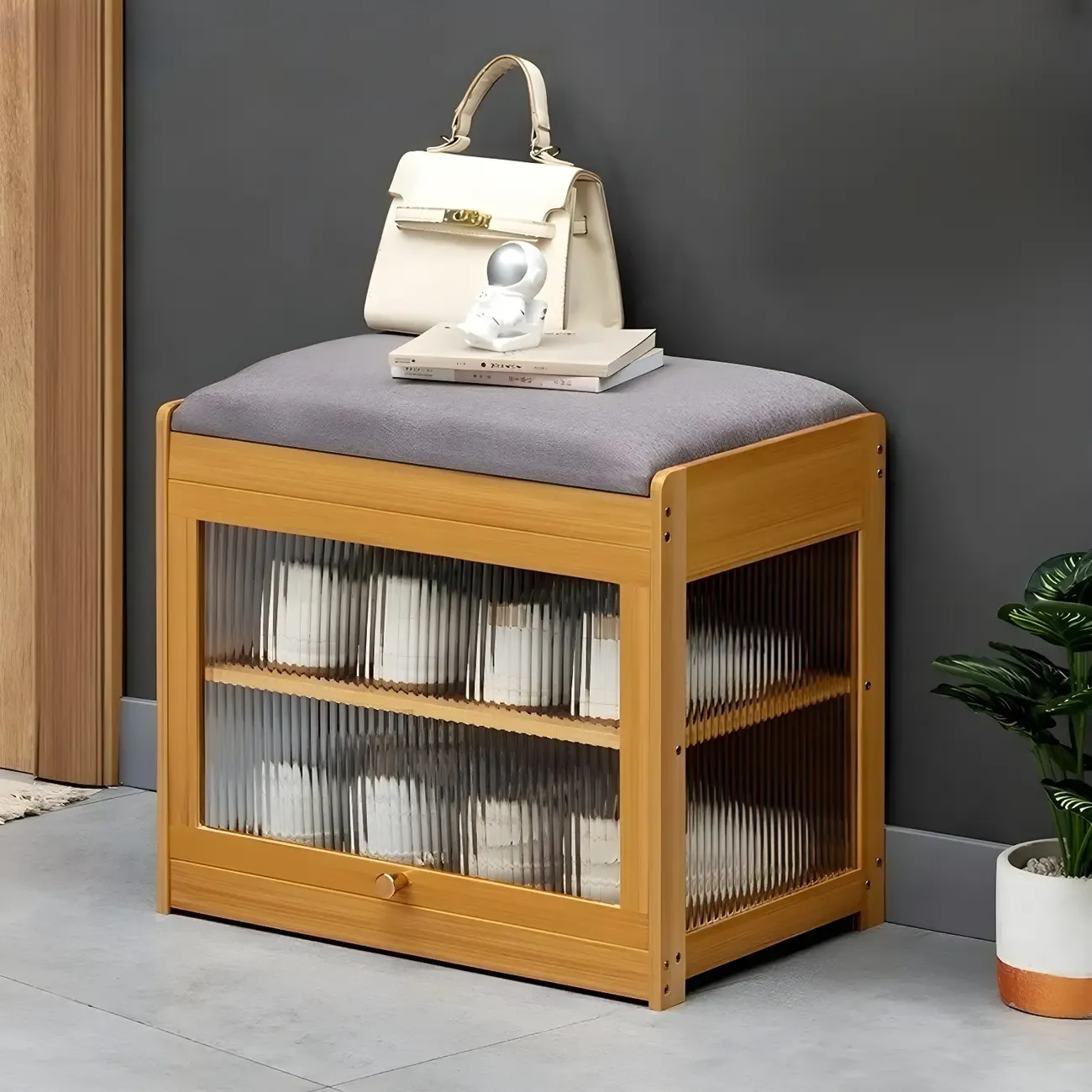 Entryway Black Bamboo Shoe Storage Bench with Glass Doors Image - 10