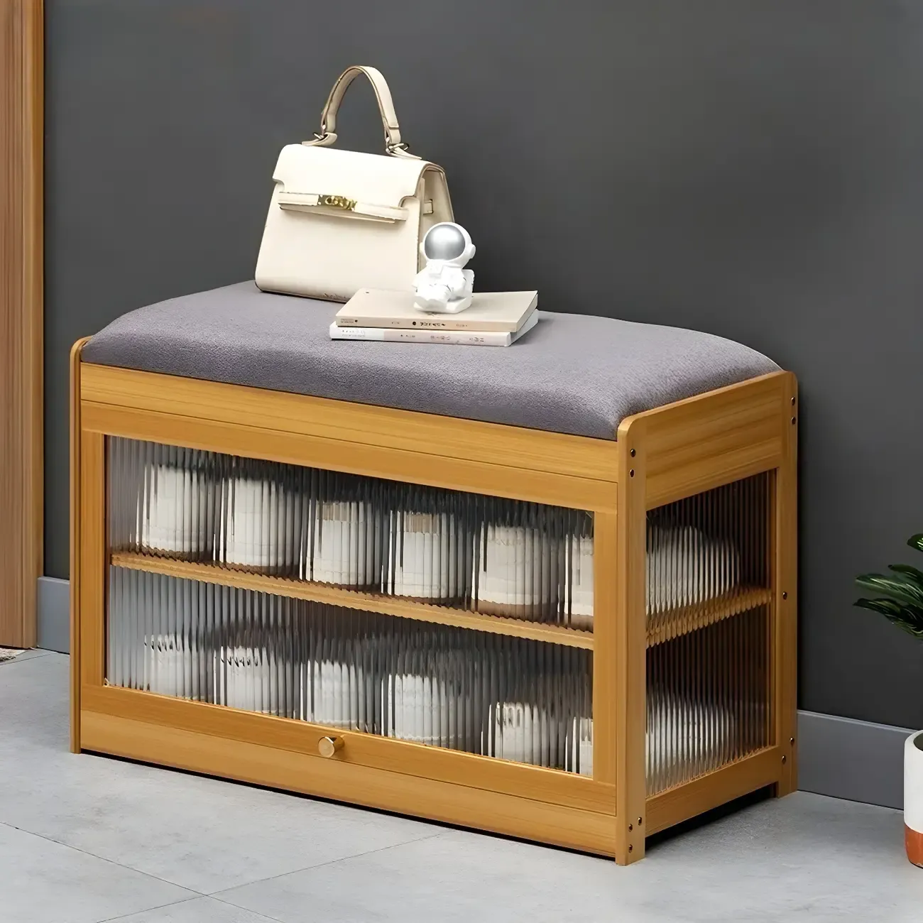 Entryway Black Bamboo Shoe Storage Bench with Glass Doors Image - 11