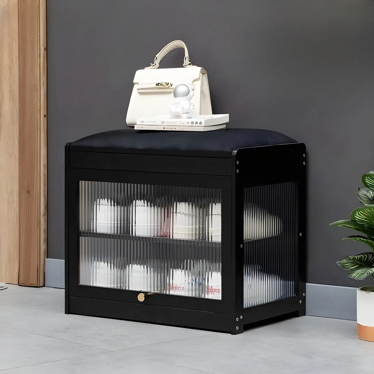 Entryway Black Bamboo Shoe Storage Bench with Glass Doors Image - 12 | homeyfad