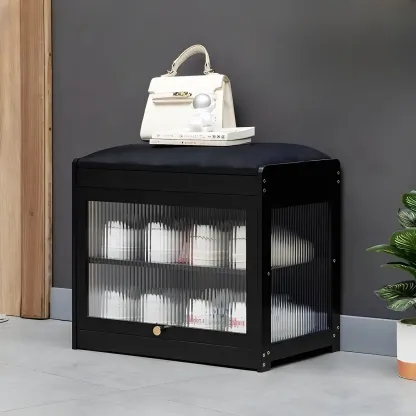 Entryway Black Bamboo Shoe Storage Bench with Glass Doors Image - 12