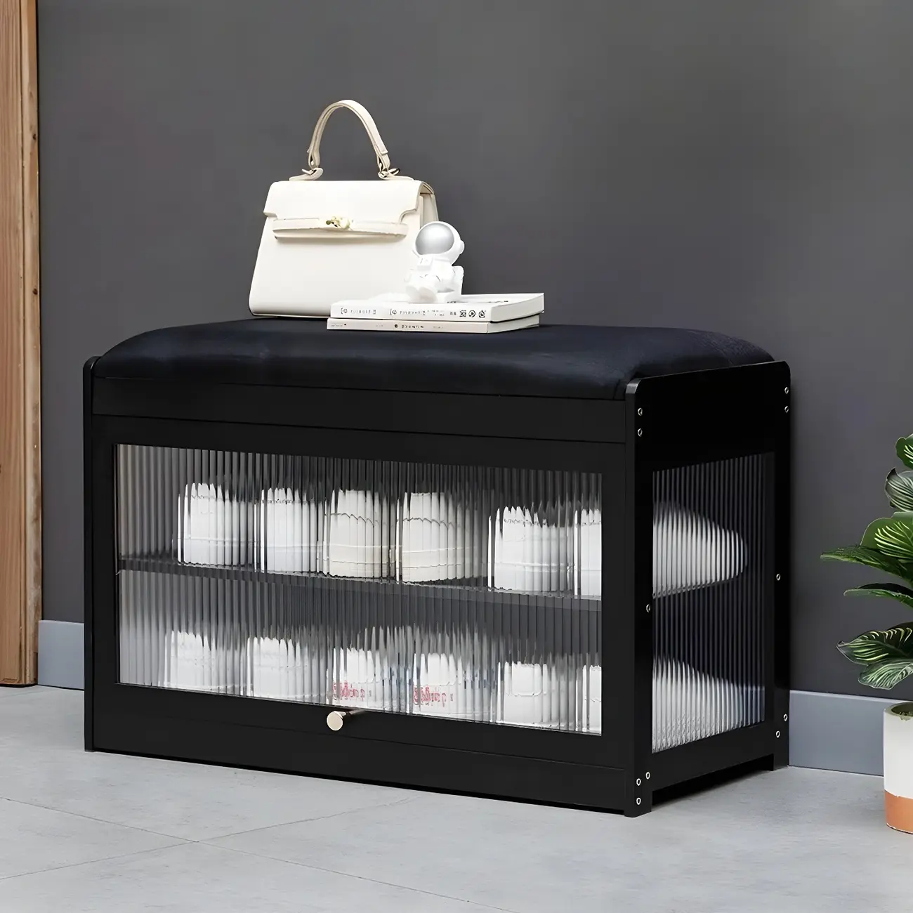 Entryway Black Bamboo Shoe Storage Bench with Glass Doors Image - 13 | homeyfad