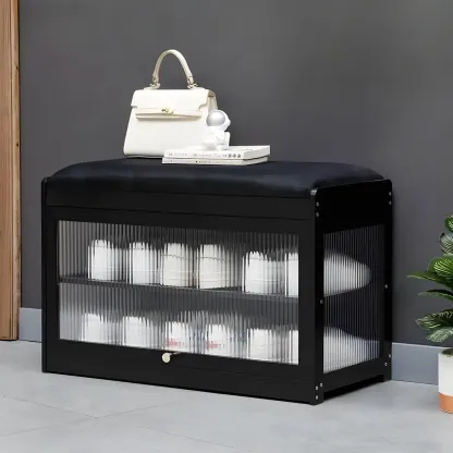 Entryway Black Bamboo Shoe Storage Bench with Glass Doors Image - 13
