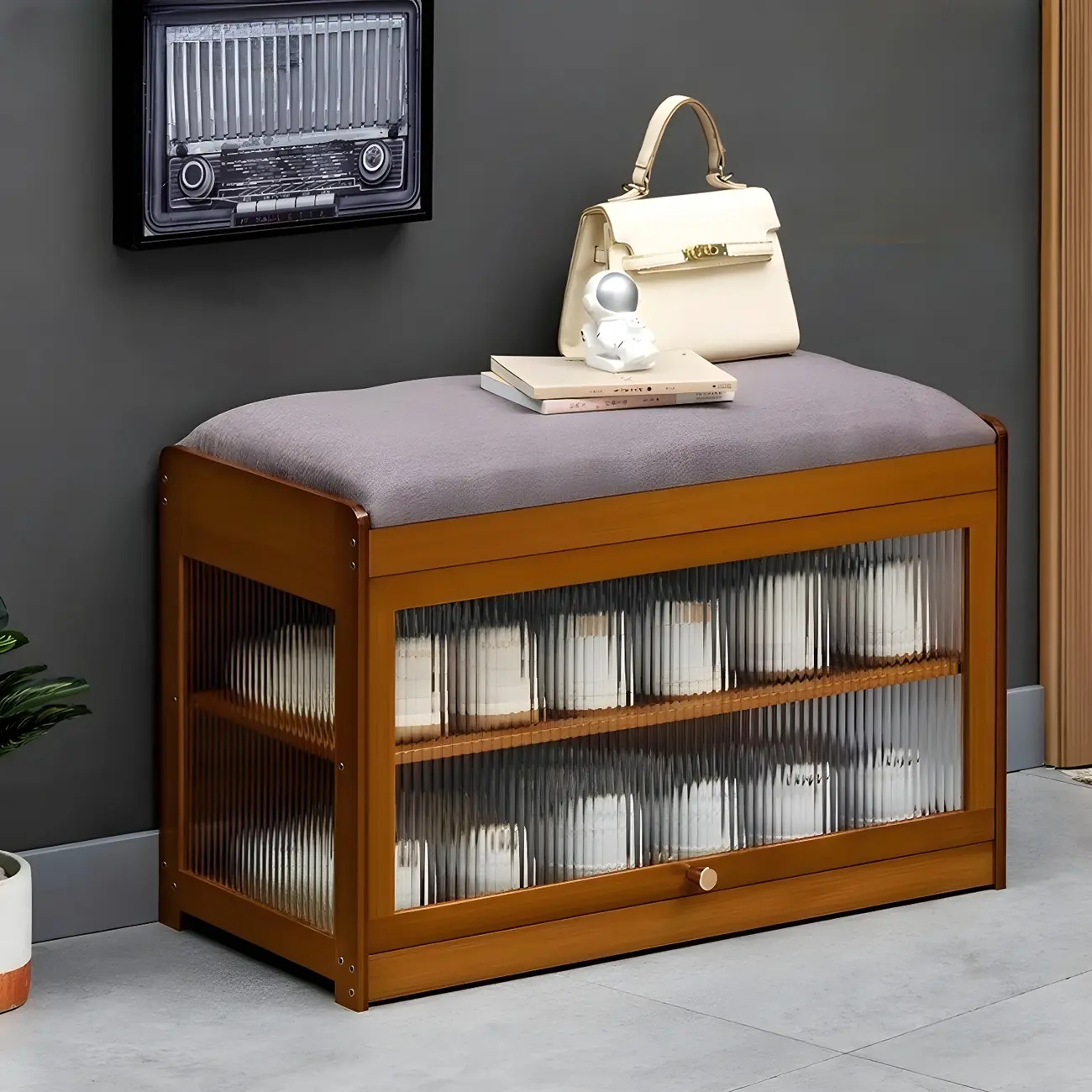 Entryway Black Bamboo Shoe Storage Bench with Glass Doors Image - 15 | homeyfad