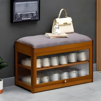 Entryway Black Bamboo Shoe Storage Bench with Glass Doors Image - 15