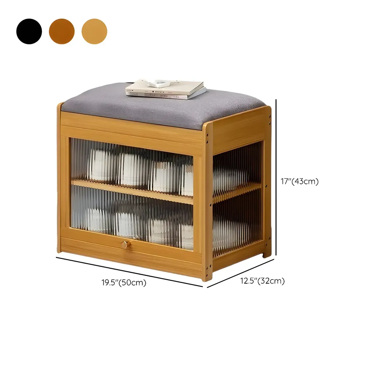 Entryway Black Bamboo Shoe Storage Bench with Glass Doors #size
