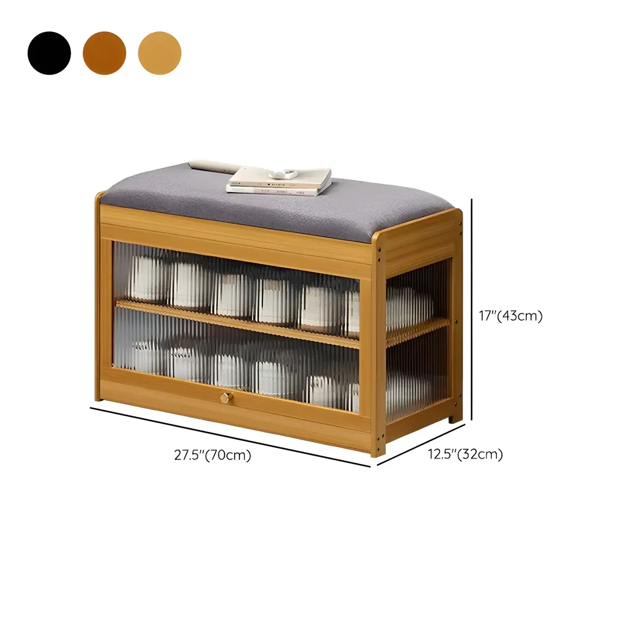 Entryway Black Bamboo Shoe Storage Bench with Glass Doors Image - 17