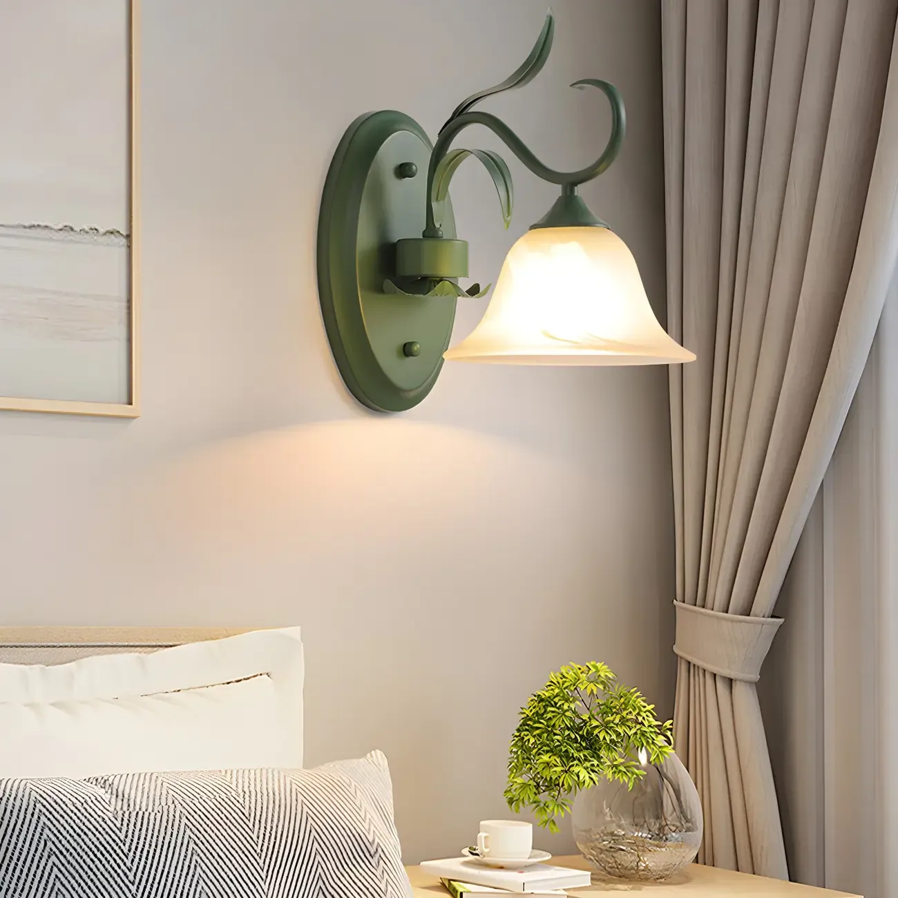 Green Glass Modern Floral Wall Light for Bedroom Image - 4