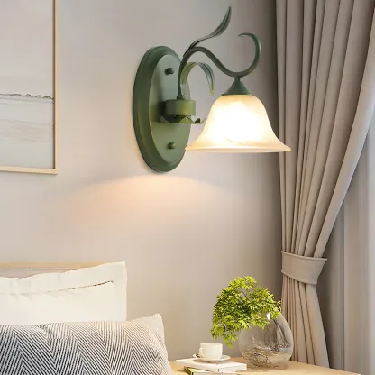 Green Glass Modern Floral Wall Light for Bedroom Image - 4