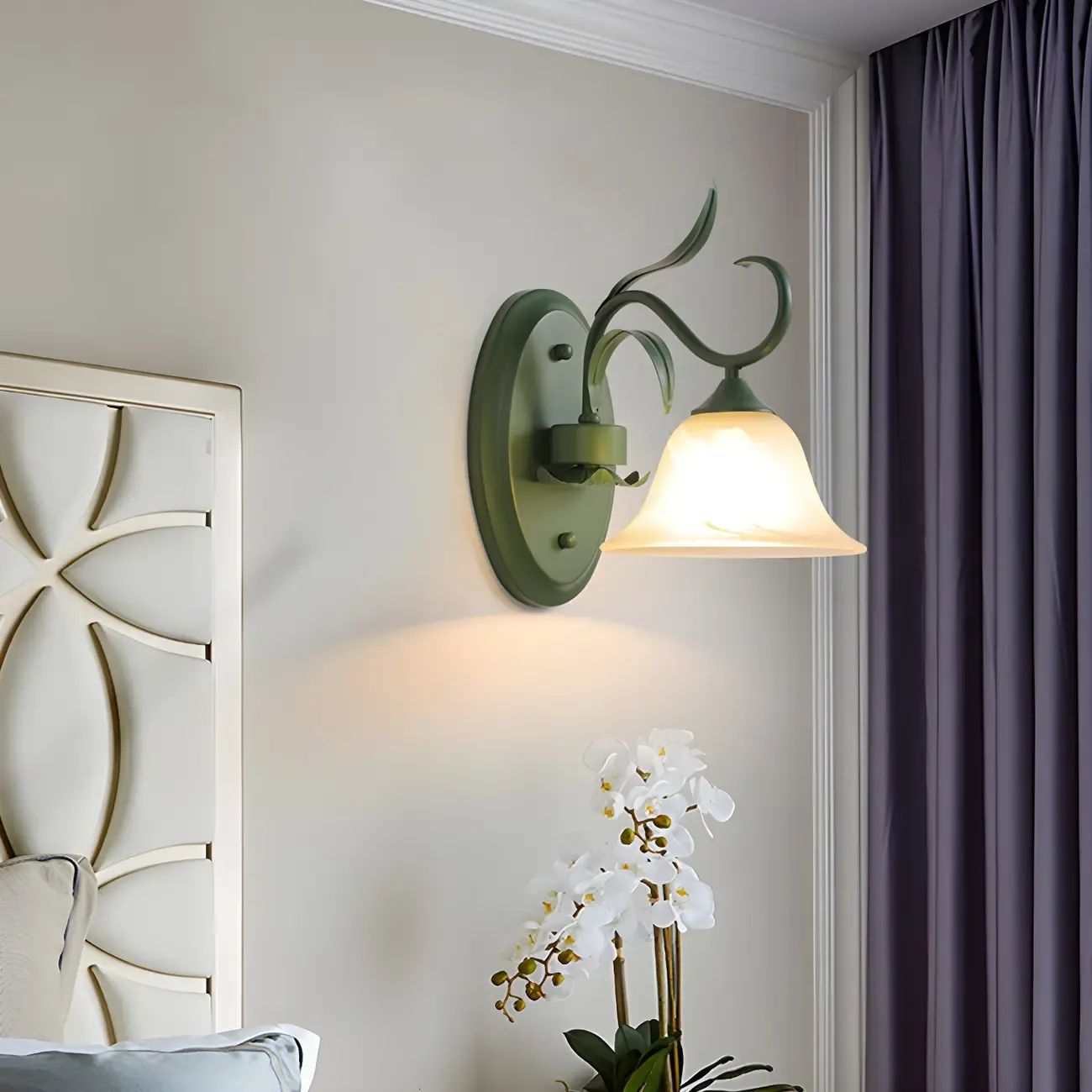 Green Glass Modern Floral Wall Light for Bedroom Image - 5