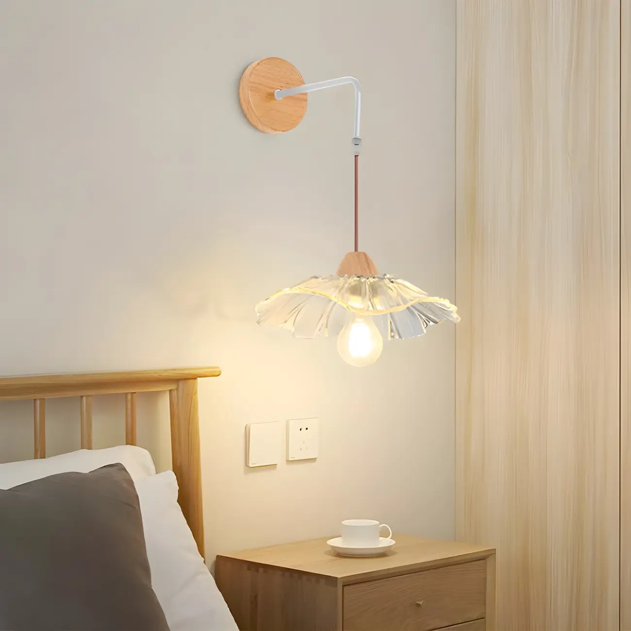 Simple Wood Glass Floral Shade Wall Sconce Image - 1 | homeyfad