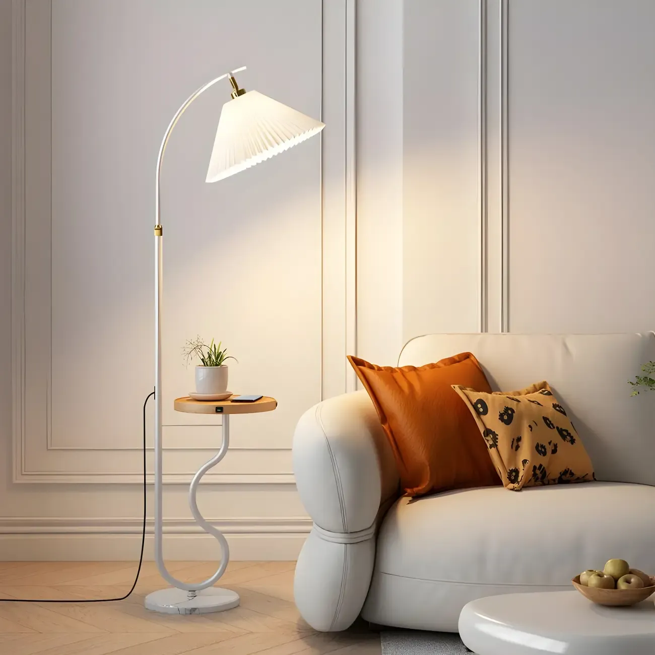 Modern LED Floor Lamp with Pleated Shade for Living Room Image - 2