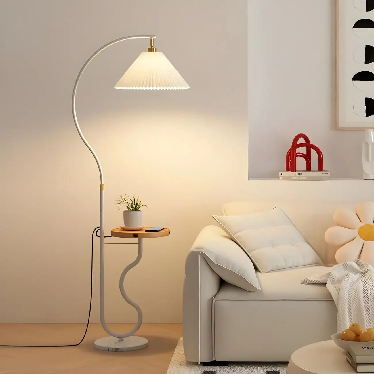 Modern LED Floor Lamp with Pleated Shade for Living Room Image - 5