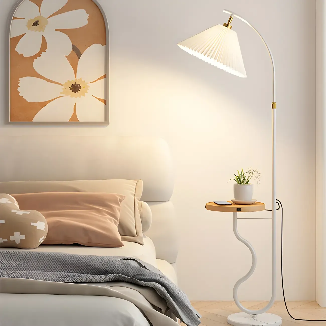 Modern LED Floor Lamp with Pleated Shade for Living Room Image - 11