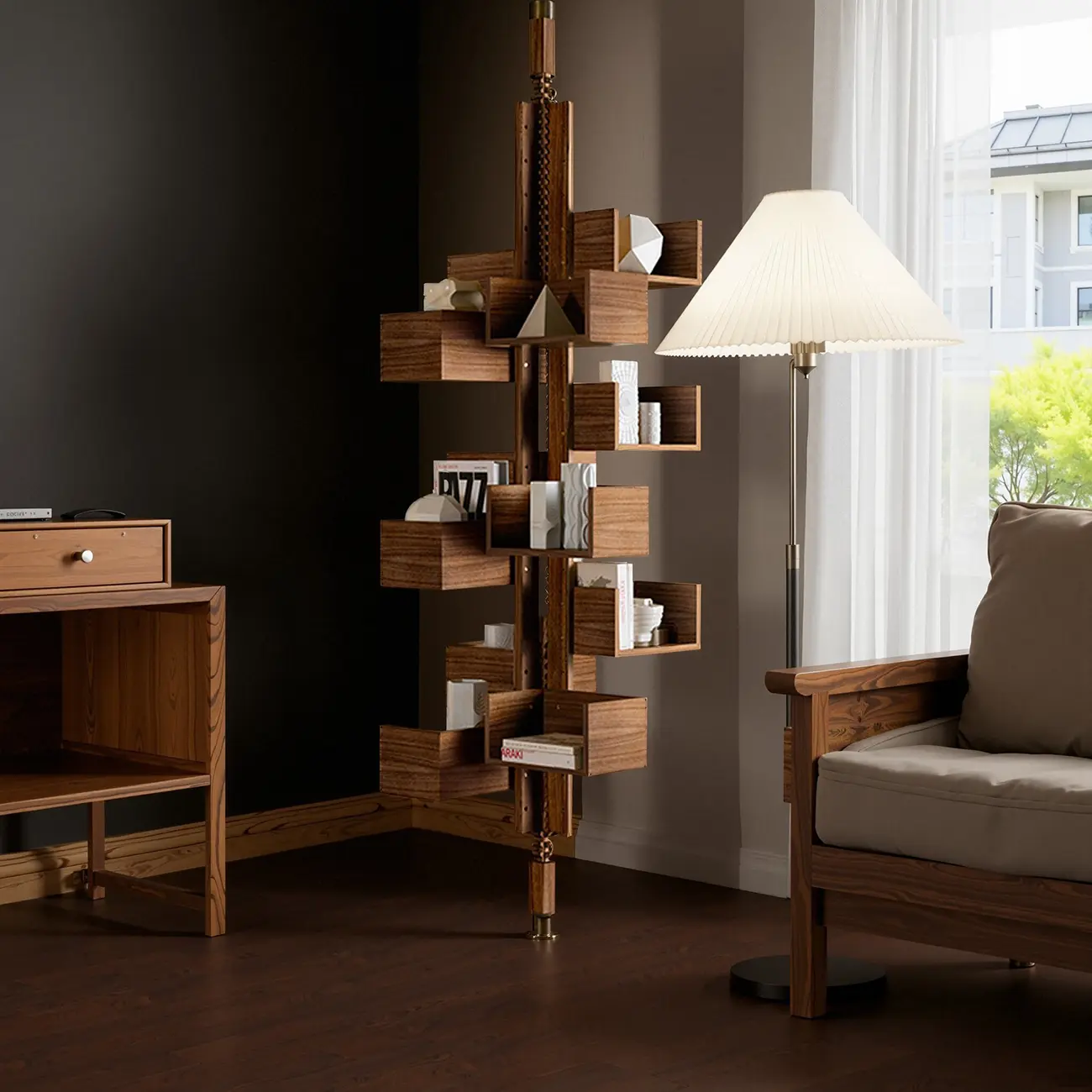 Swivel Vertical Nut Brown Wood Bookcase with Closed Back Image - 2 | homeyfad