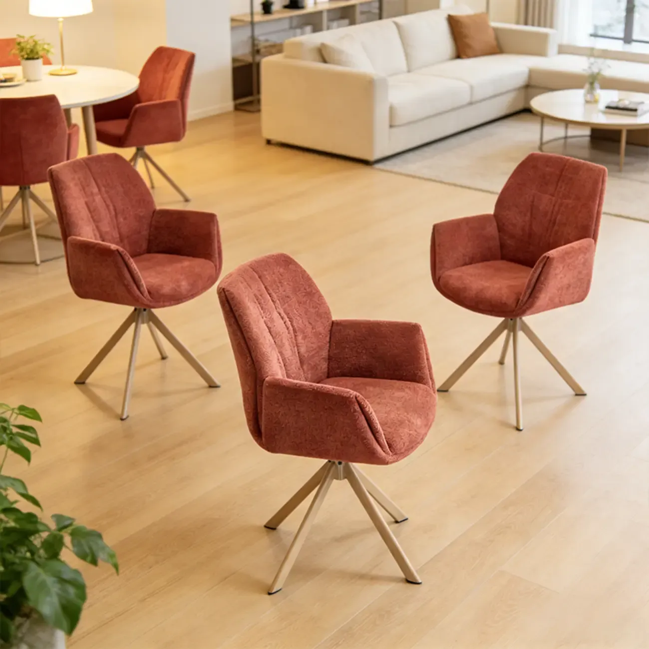 Red Swivel Modern Curved Back Fabric Arm Dining Chair Image - 1