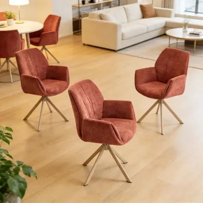 Red Swivel Modern Curved Back Fabric Arm Dining Chair Image - 1