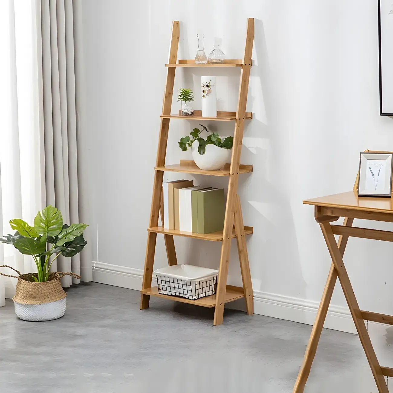 Simple Solid Wood 5-Tier Open Ladder Bookcase Image - 3