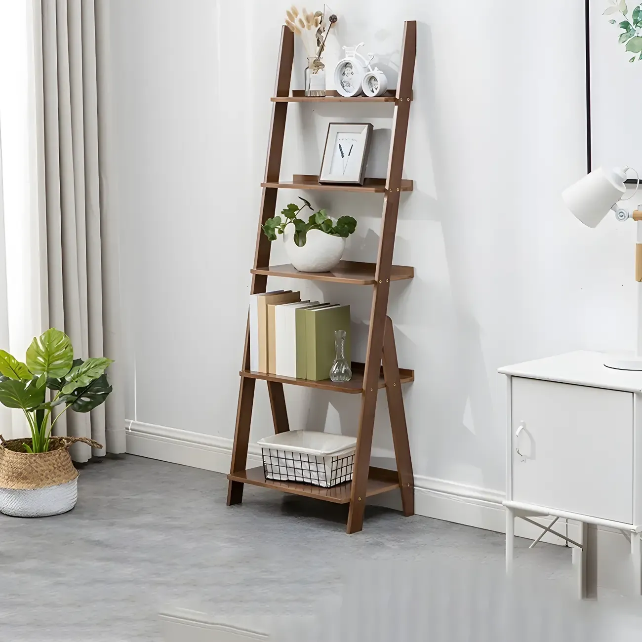 Simple Solid Wood 5-Tier Open Ladder Bookcase Image - 2