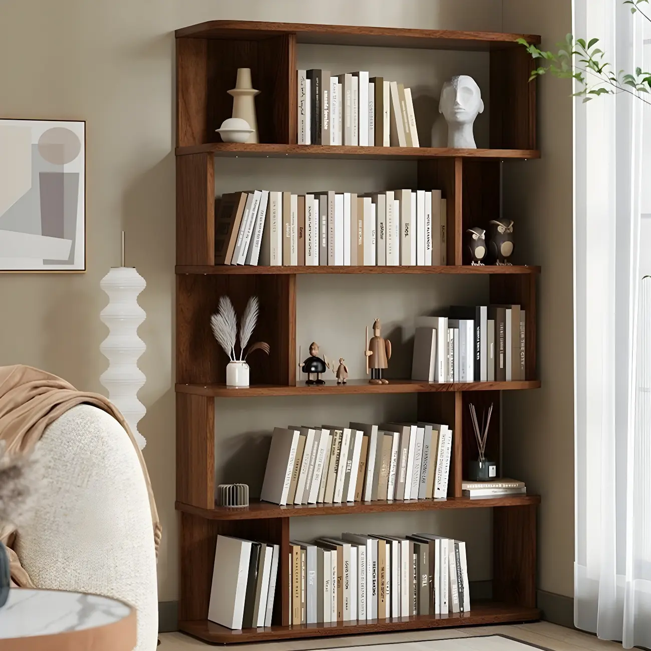 Tall Modern Walnut Open Back 6-Shelf Wood Bookcase Image - 1 | homeyfad