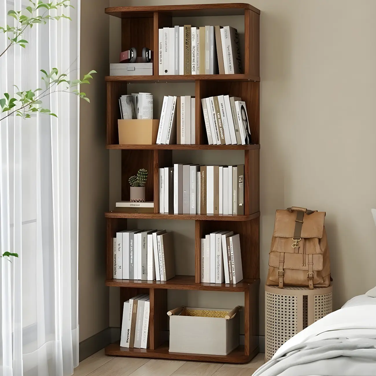 Tall Modern Walnut Open Back 6-Shelf Wood Bookcase Image - 2 | homeyfad