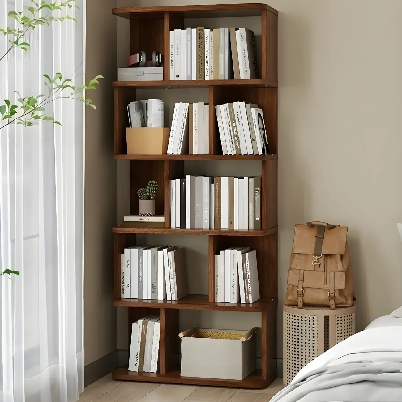 Tall Modern Walnut Open Back 6-Shelf Wood Bookcase Image - 2