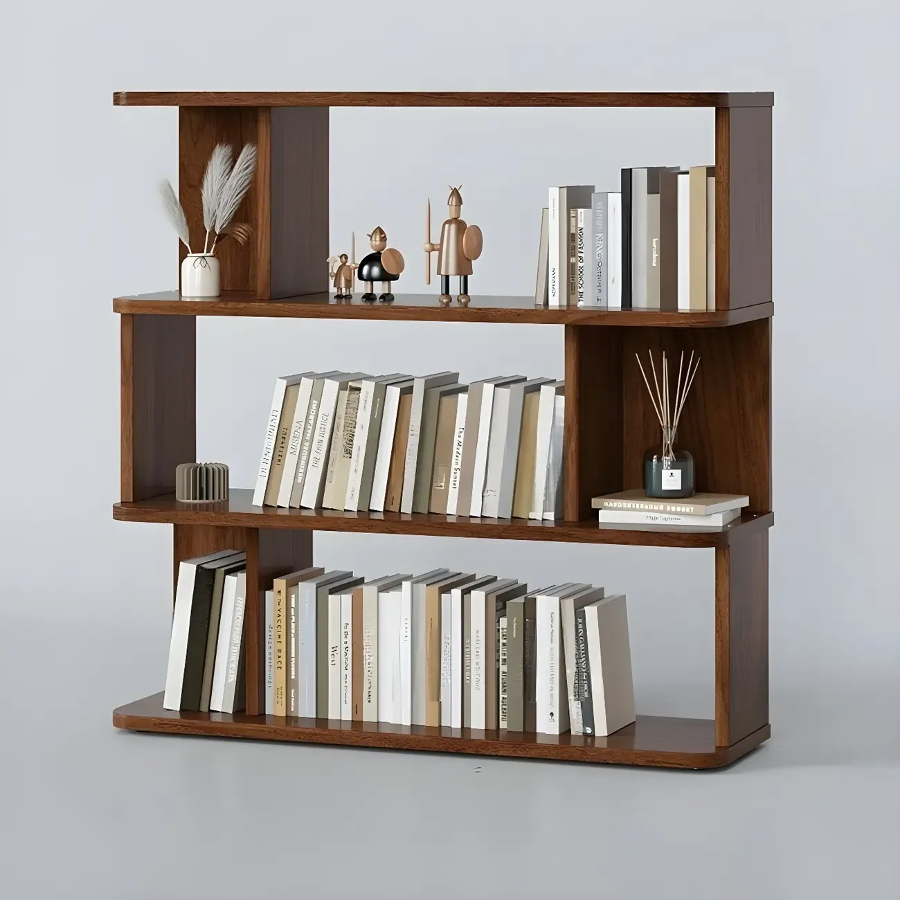 Tall Modern Walnut Open Back 6-Shelf Wood Bookcase Image - 11