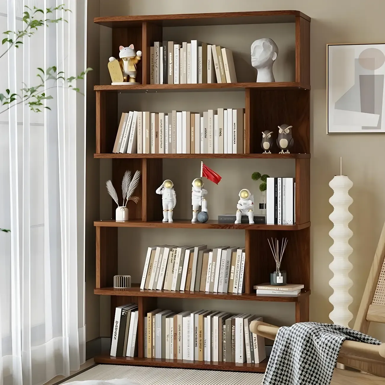 Tall Modern Walnut Open Back 6-Shelf Wood Bookcase Image - 3