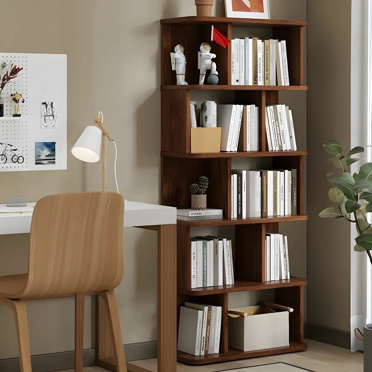 Tall Modern Walnut Open Back 6-Shelf Wood Bookcase Image - 4 | homeyfad