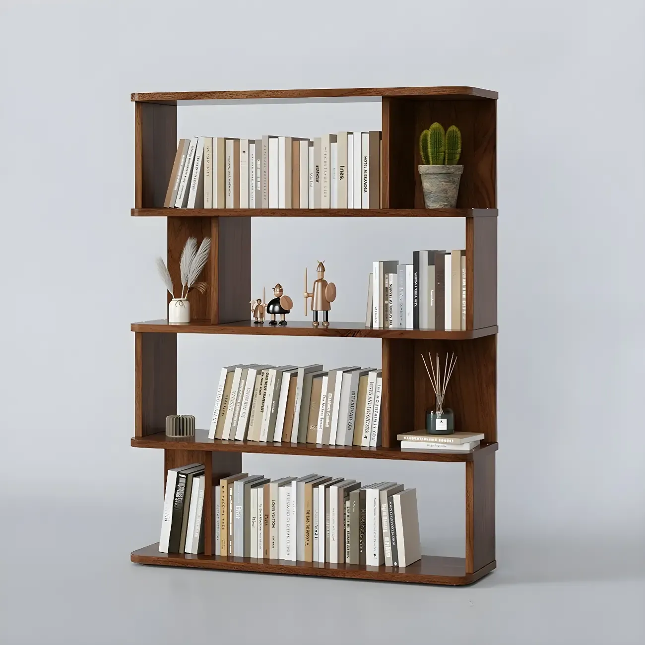 Tall Modern Walnut Open Back 6-Shelf Wood Bookcase Image - 15
